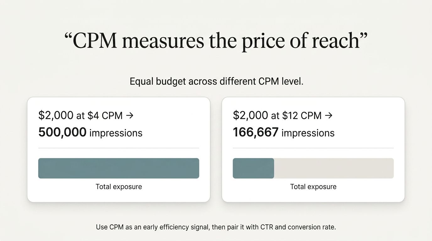 CPM calculator infographic showing the CPM formula and how to calculate cost per 1,000 impressions.